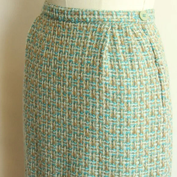 Vintage 1960s Skirt, Majestic Specialties Tweed Check or Plaid Wool Pencil Skirt